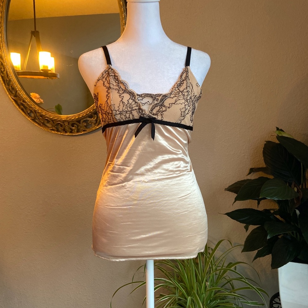 Unique Vintage Satin Chemise with Black Lace fits XS